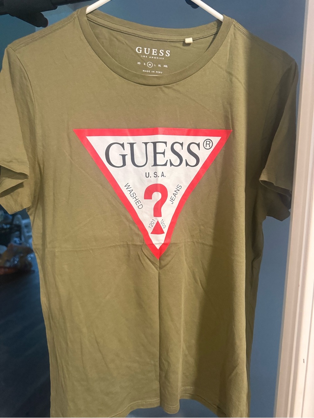 Guess Olive Green T-Shirt with Red & White Triangle Logo